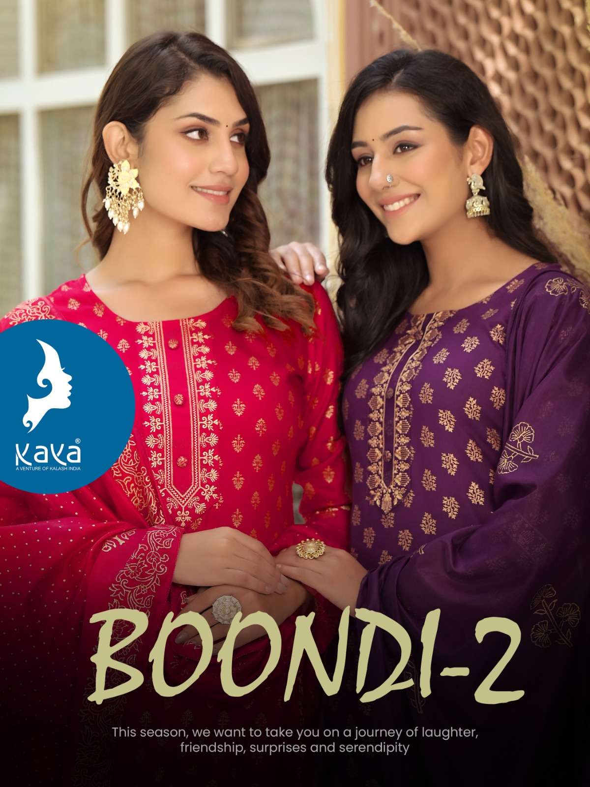 BOONDI VOL 2 RAYON PRINTS EMBROIDERY WORK KURTI WITH PANT AND CHANDERI BLOCK PRINT DUPATTA BY KAYA K...