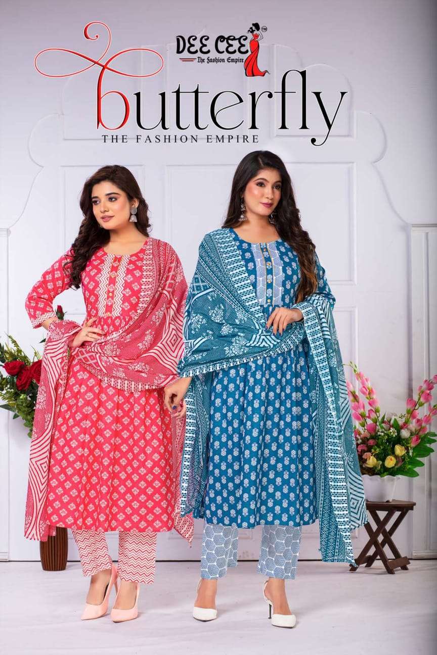 BUTTERFLY HEAVY COTTON KURTI WITH BOTTOM AND DUPATTA BY DEECEE BRAND WHOLESALR AND DELER