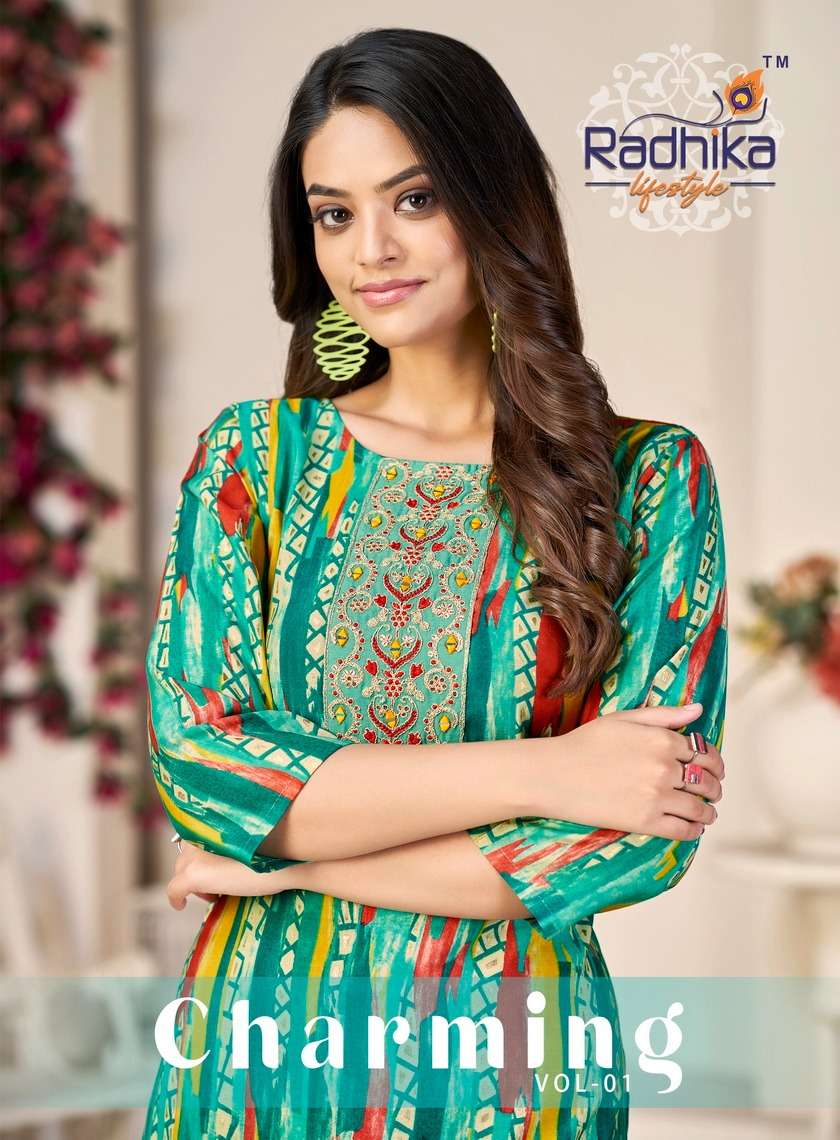 CHARMING VOL 1 MODAL CHANDERI WITH MIRROR WORK KURTI BY RADHIKA LIFESTYLE BRAND WHOLESALER AND DEALE...