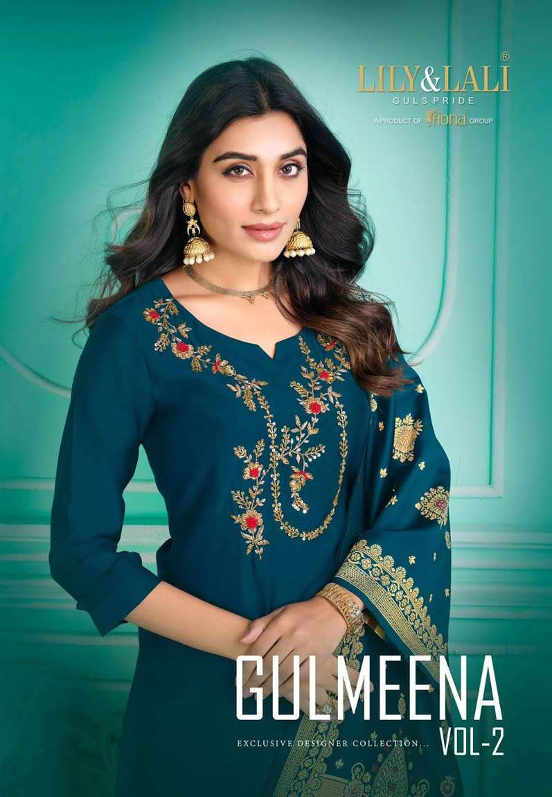 GULMEENA VOL 2 VISCOSE BASE MILAN SILK HANDWORK KURTI WITH PANT AND JACQUARD DUPATTA WITH LACE BY LI...