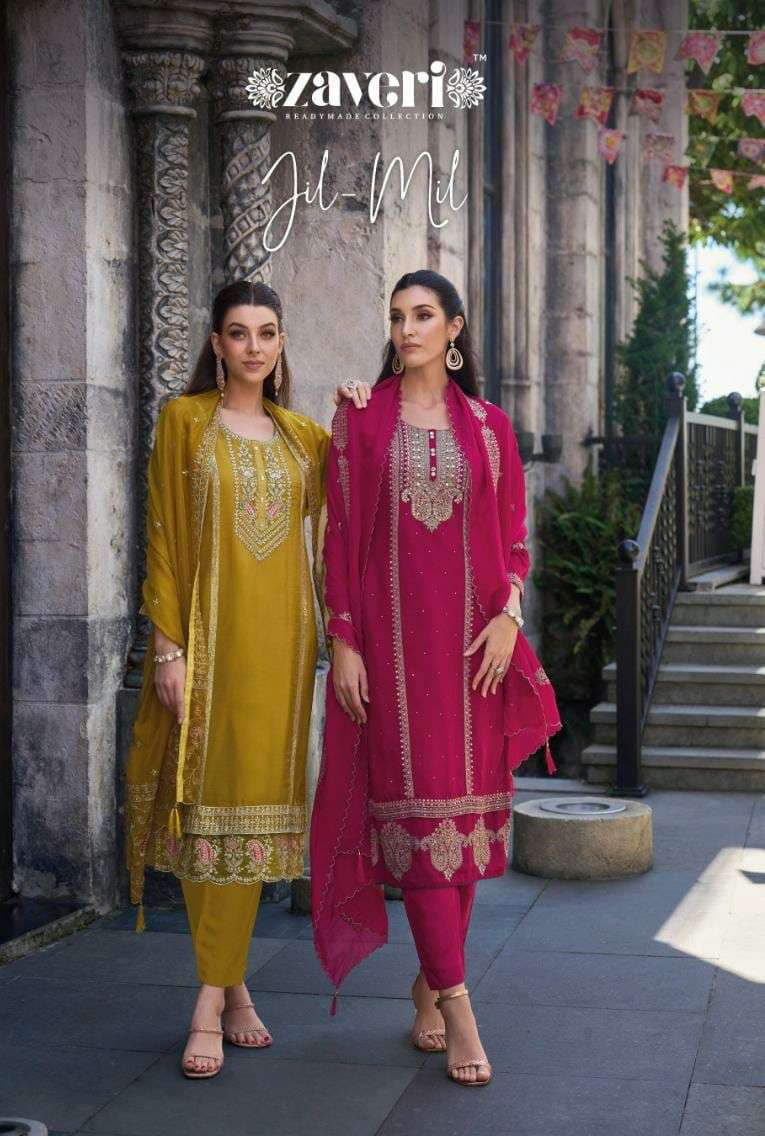 JIL MIL SOFT ORGANZA EMBOIDERY WORK KURTI WITH SILK PANT AND DUPATTA BY ZAVERI BRAND WHOLESALER AND ...