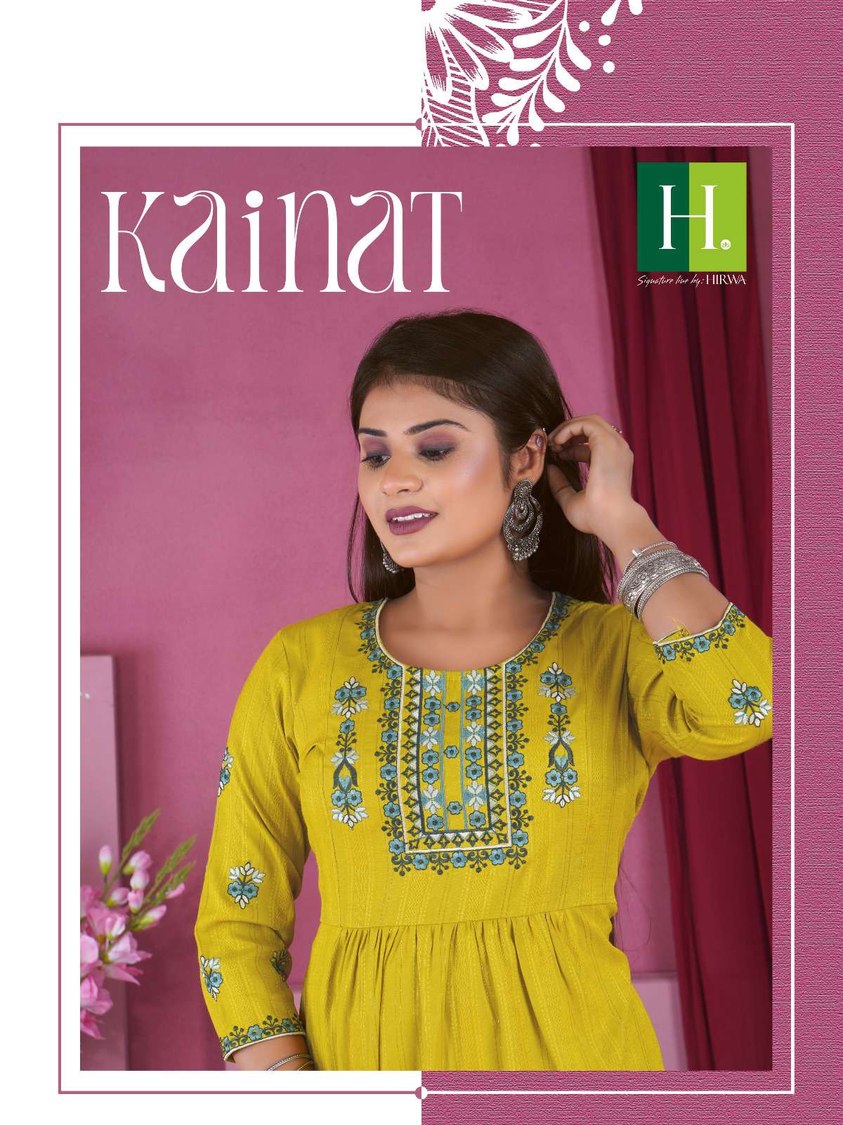 KAINAT SELF WAVED FANCY VISCOSE RAYON EMBROIDERY WORK NAIRA CUT FESTIVE WEAR KURTI BY H DOT BRAND WH...