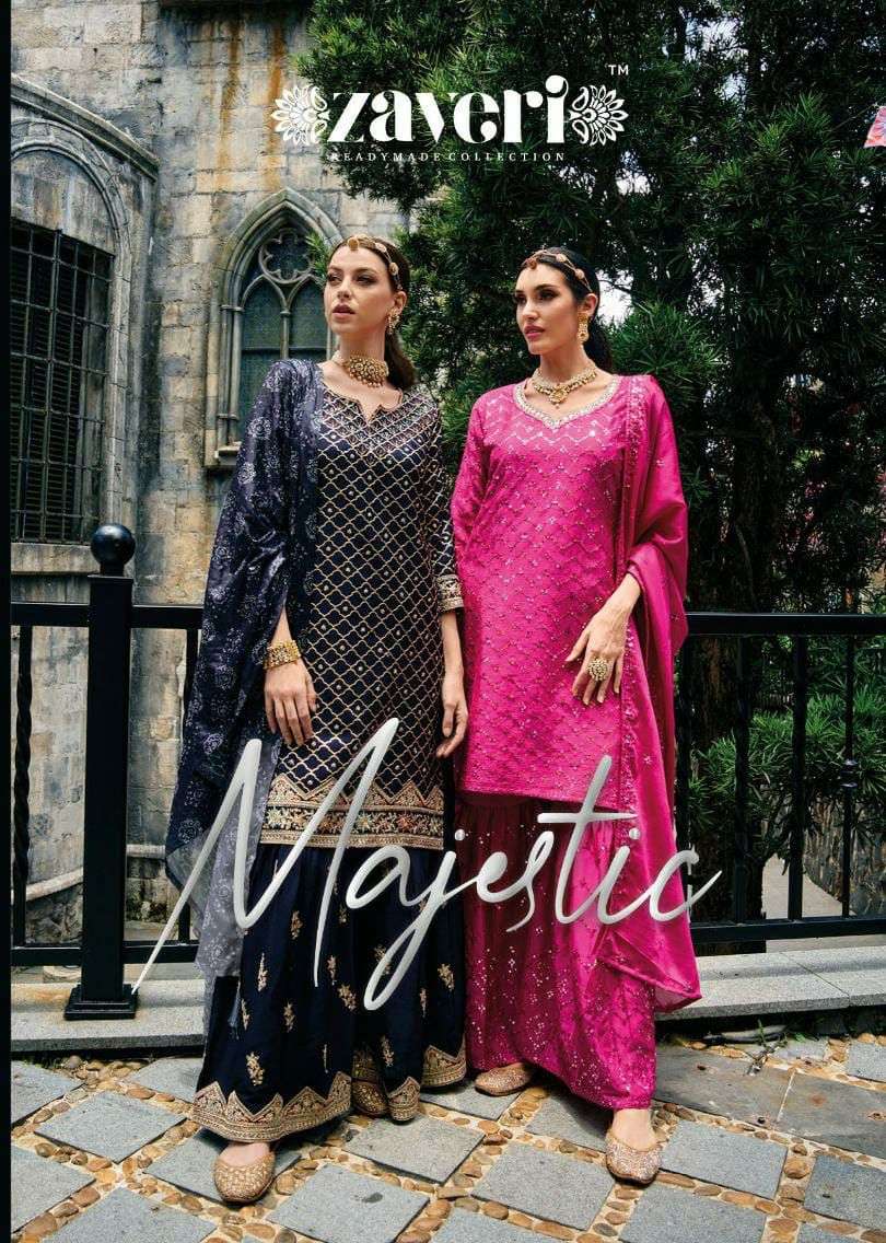 MAJESTIC CHINON EMBOIDERY WORK KURTI WITH BOTTOM AND DUPATTA BY ZAVERI  BRAND WHOLESALR AND DELER