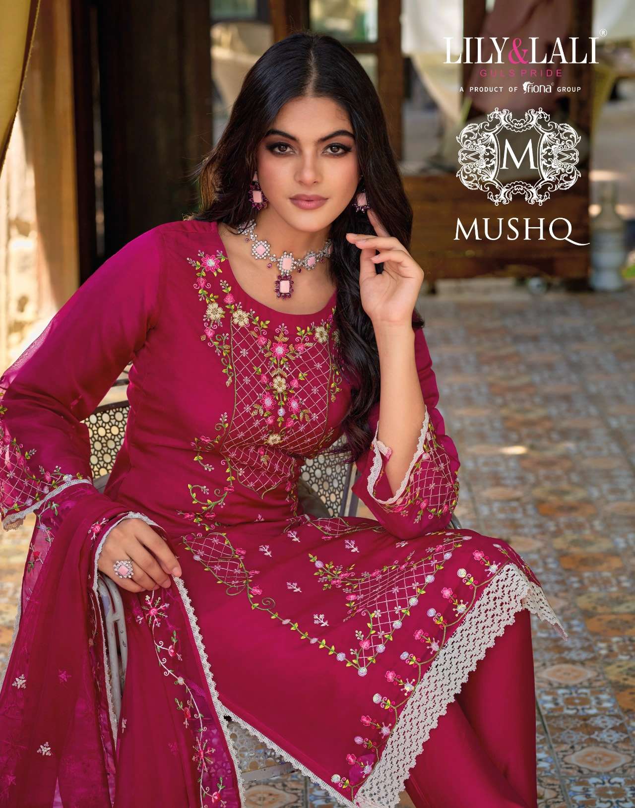 MUSHQ PURE ORGANZA EMBROIDERY AND HANDWORK KURTI WITH VISCOSE PANT AND HEAVY DUPATTA BY LILY LALI BR...