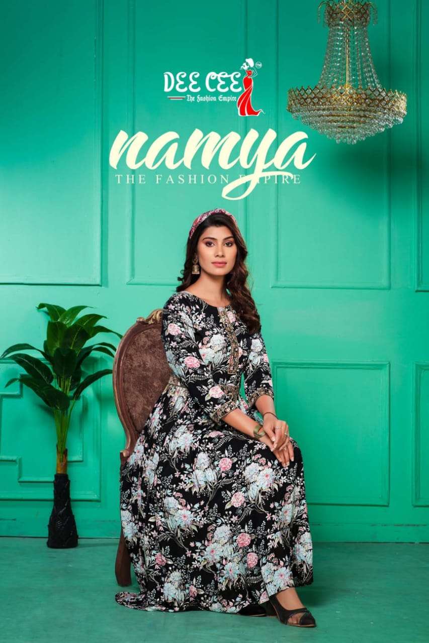 NAMYA HEAVY RAYON PRINT DOUBLE FLARED KURTI WITH EMBROIDERY BUTTON PATTI AND BELT BY DEE CEE BRAND W...