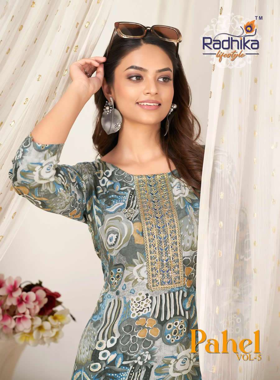 RADHIKA LIFESTYLE PAHEL VOL 5 RAYON KURTI PRINT WORK