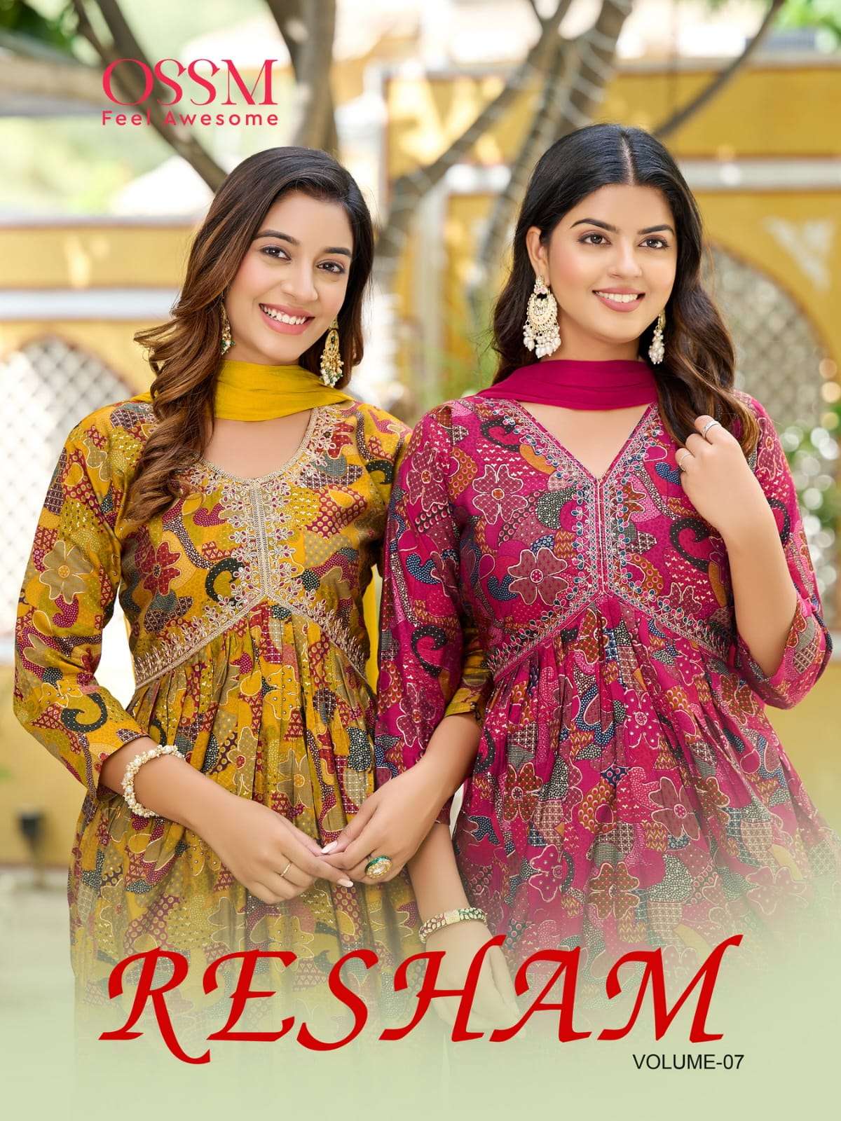 RESHAM VOL 07 EMBROIDERY MIRROR WORK CHANDERI FOIL PRINT ALIA CUT KURTI AND PENT NAZNIN DUPATTA BY O...