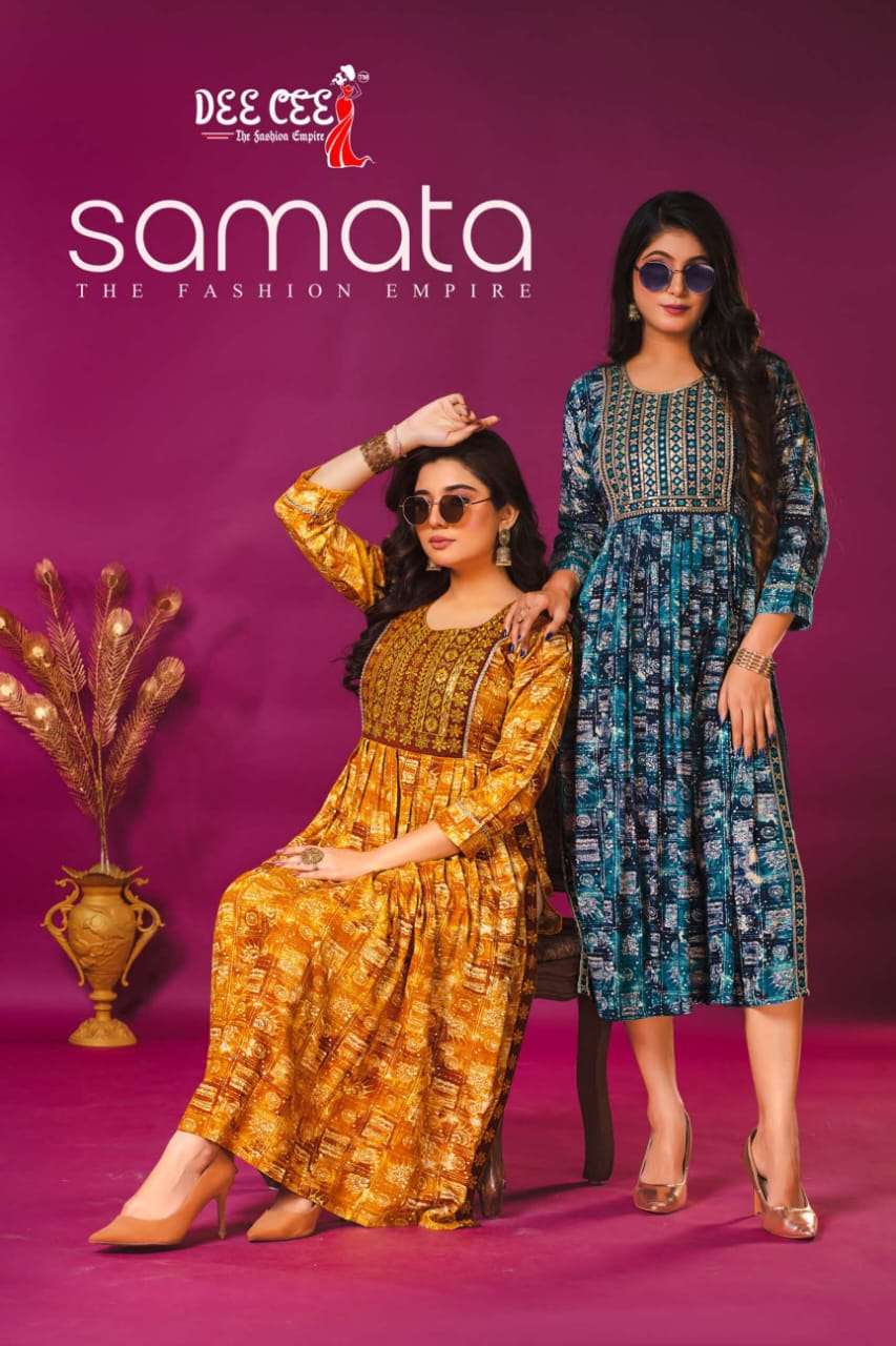 SAMATA HEAVY RAYON PRINT FLARED LONG NAIRA CUT KURTI WITH COMPUTER SEQUENCE EMBROIDERY WORK BY DEE C...