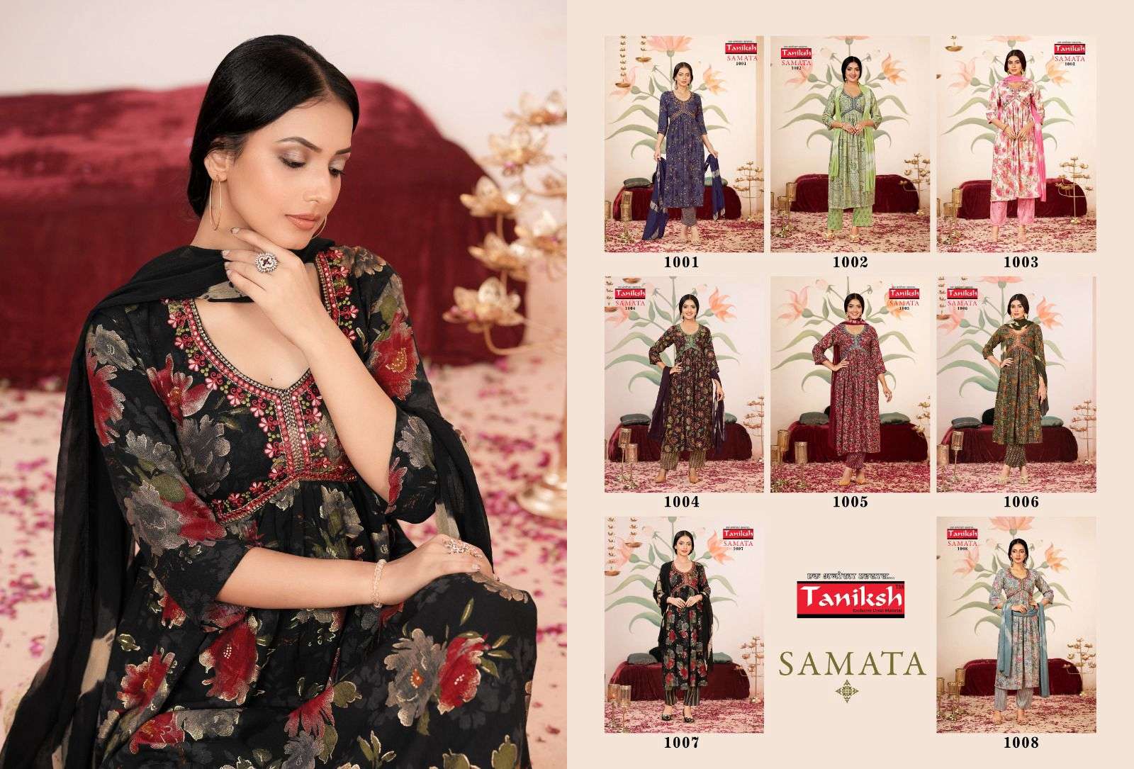 SAMATA VOL 1 RAYON PRINT KURTI WITH BOTTOM AND DUPATTA BY TANIKSH BRAND WHOLESALR AND DELER