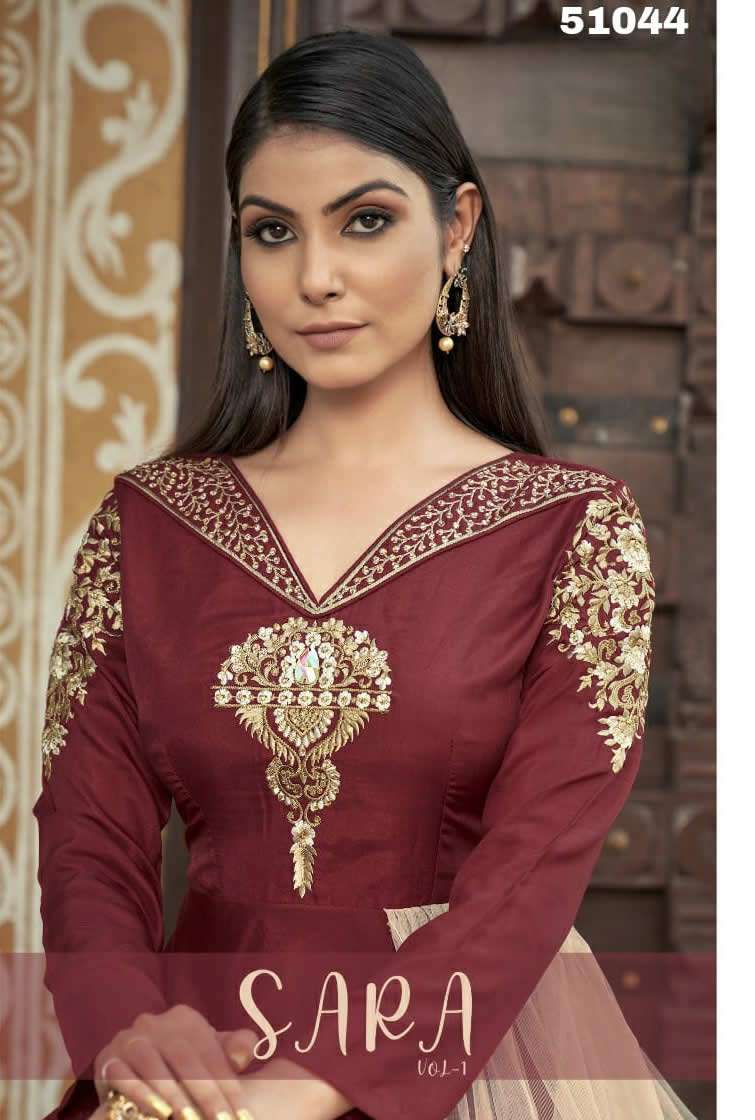 SARA HEAVY MASLIN HEAVY EMBROIDERY WORK DESIGNER GOWN WITH INNER BY S3FOREVER BRAND WHOLESALER AND D...