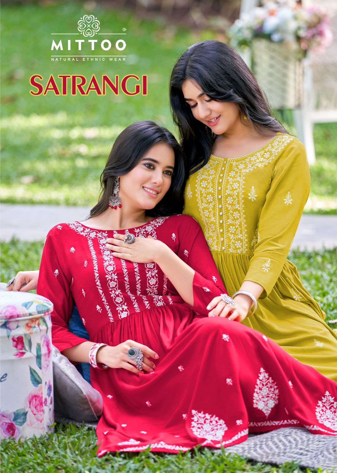 SATRANGI HEAVY RAYON COTTON THREAD WORK NAYRA CUT KURTI BY MITTOO BRAND WHOLESALER AND DEALER