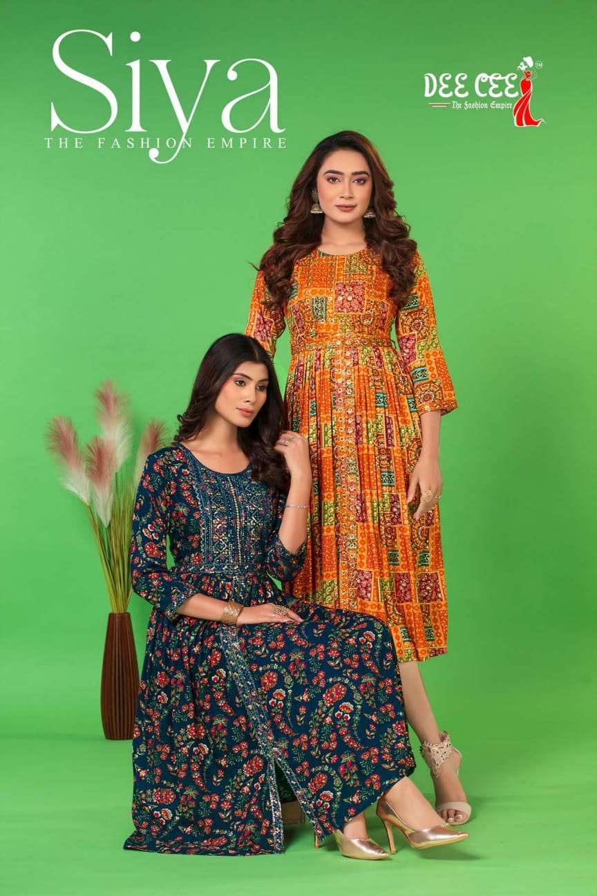 SIYA HEAVY RAYON LONG KURTI WITH EMBROIDERY WORK BELT BY DEECEE BRAND WHOLESALR AND DELER