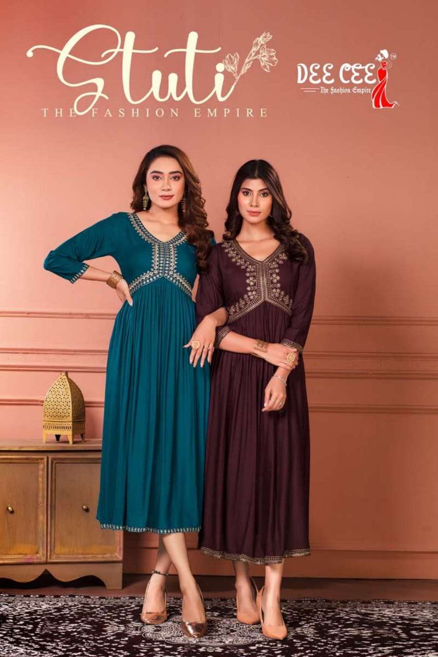 STUTI HEAVY PLAIN  RAYON EMBROIDERY WORK NAIRA CUT  FLARED LONG KURTI BY DEECEE BRAND WHOLESALER AND...