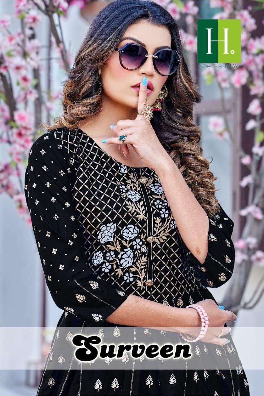 SURVEEN HEAVY RAYON FOIL PRINTS LONG GOWN KURTI BY H DOT BRAND WHOLESALER AND DEALER