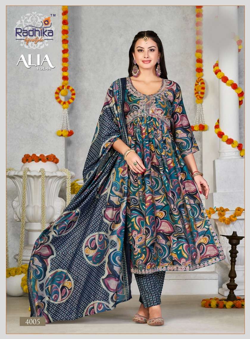 ALIA VOL 4 PURE MODAL MUSLIN KURTI WITH BOTTOM AND DUPATTA BY RADHIKA BRAND WHOLESALR AND DELER