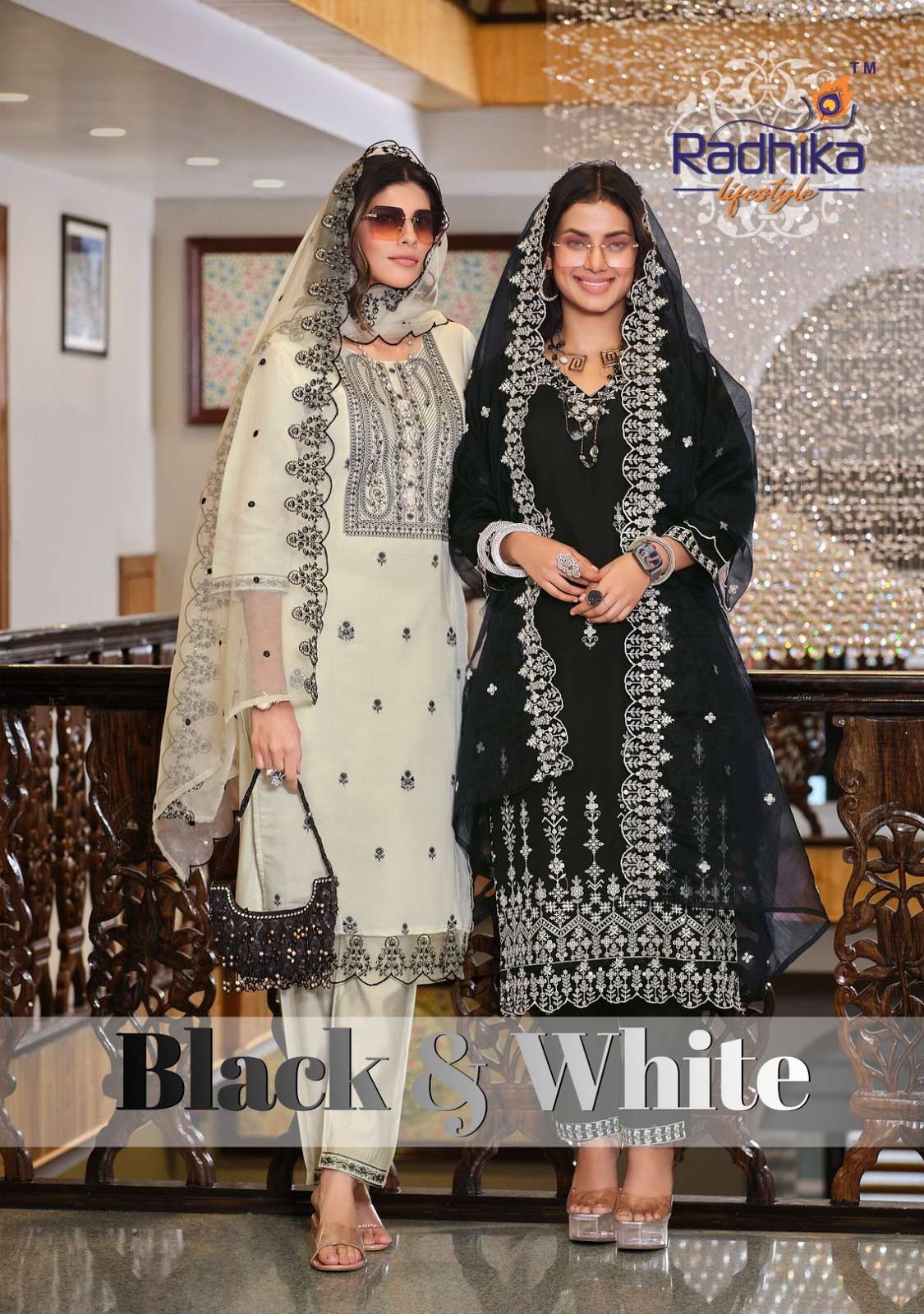 BLACK AND WHITE VOL 1 3PC ROMAN SILK KURTI  BY RADHIKA LIFESTYLE BRAND WHOLESALR AND DELER