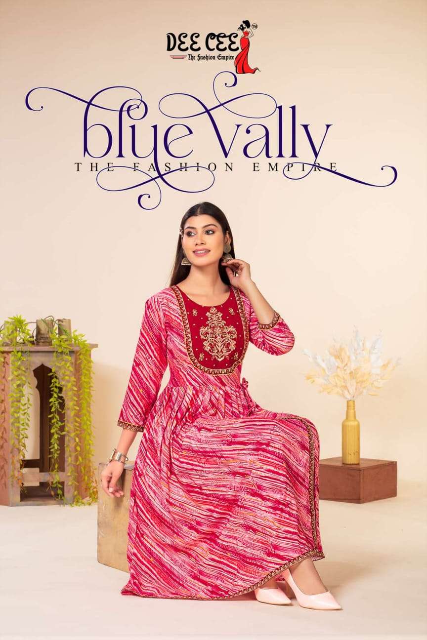 BLUE VALLY HEAVY RIYON PRINT FLAIRED LONG KURTI BY DEECEE BRAND WHOLESALR AND DELER