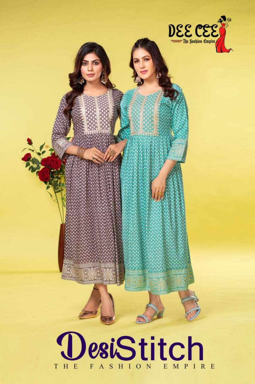 DESI STITCH HEAVY RAYON STYLISH DORI WORK NECK KURTI BY DEECEE BRAND WHOLESALR AND DELER