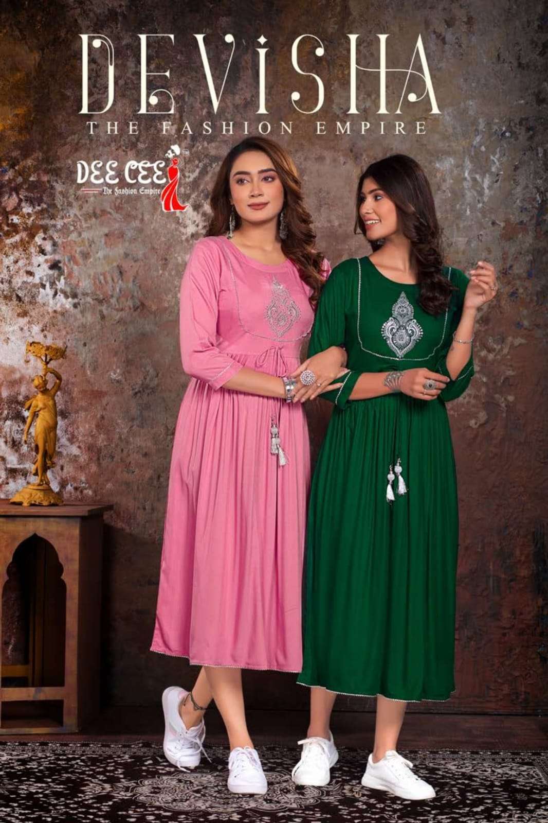 DEVISHA HEAVY RAYON PLAIN FLARED LONG KURTI WITH COMPUTER EMBROIDERY SEQUENCE WORK BY DEECEE BRAND W...