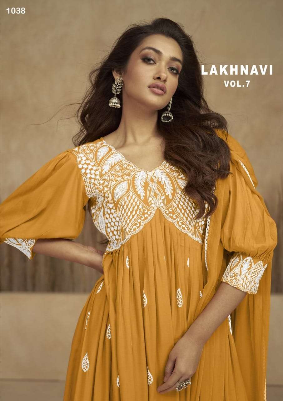 LAKHNAWI VOL 7 HEAVY RAYON LAKHNAWI WORK ALIYA CUT KURTI WITH PLAZZO AND NAZMIN DUPATTA BY S3FOREVER...