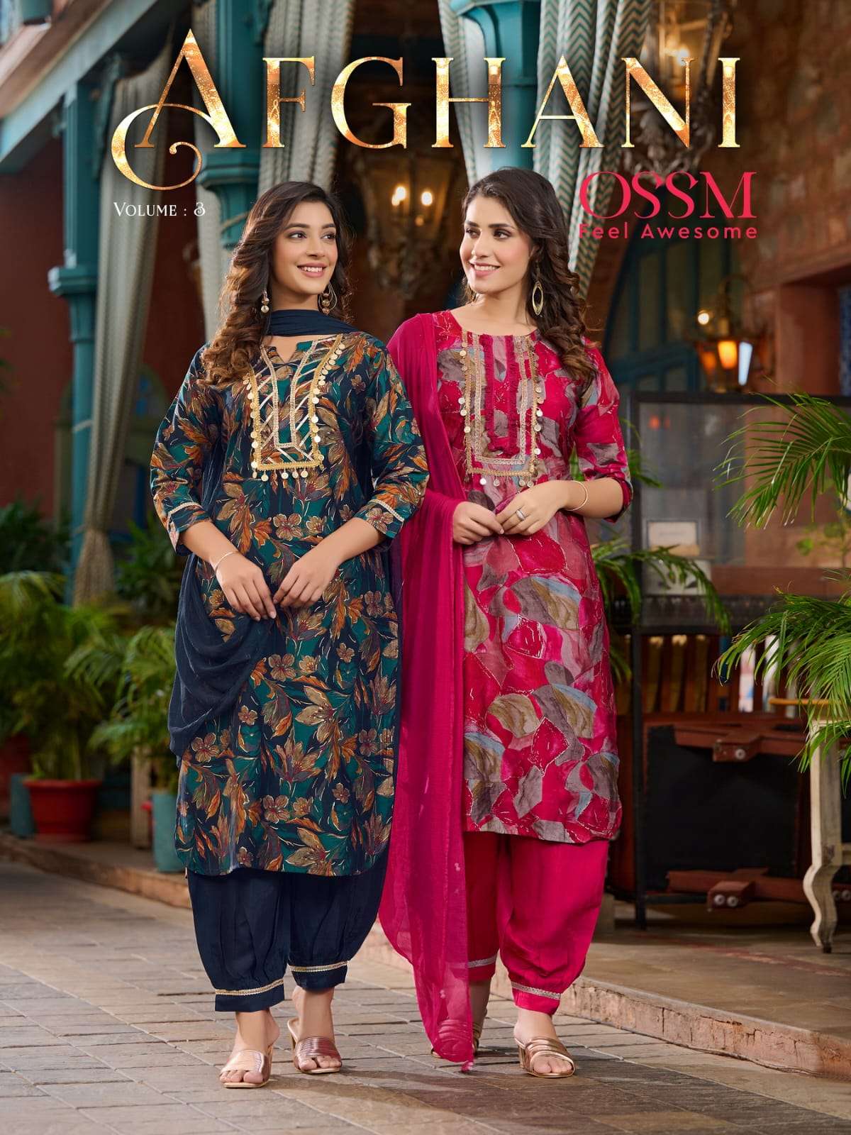 AFGHANI VOL 03 CHANDERI MODAL FOIL PRINT KURTI PANT AND DUPATTA BY OSSM BRAND WHOLESALR AND DELER