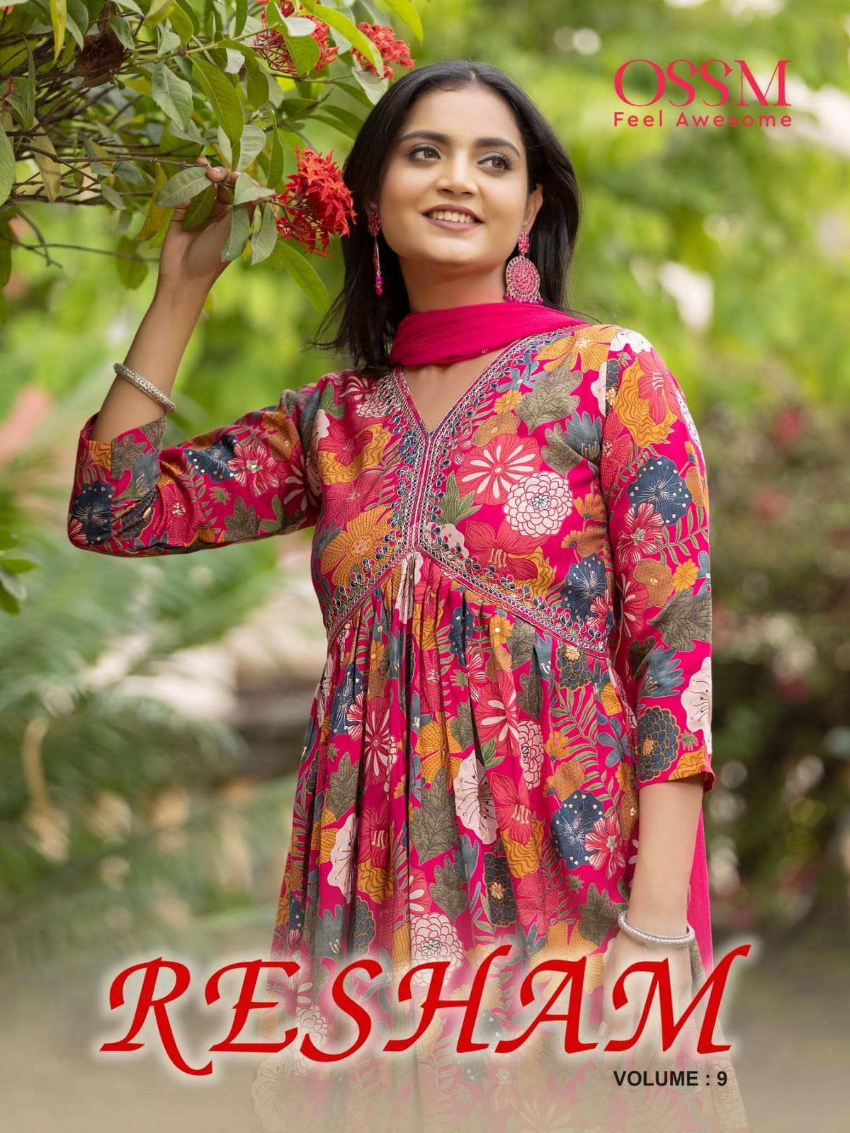 RESHAM VOL 9 CHANDERI MODAL PRINT KURTI WITH BOTTOM AND DUPATTA BY OSSM BRAND WHOLESALR AND DELER