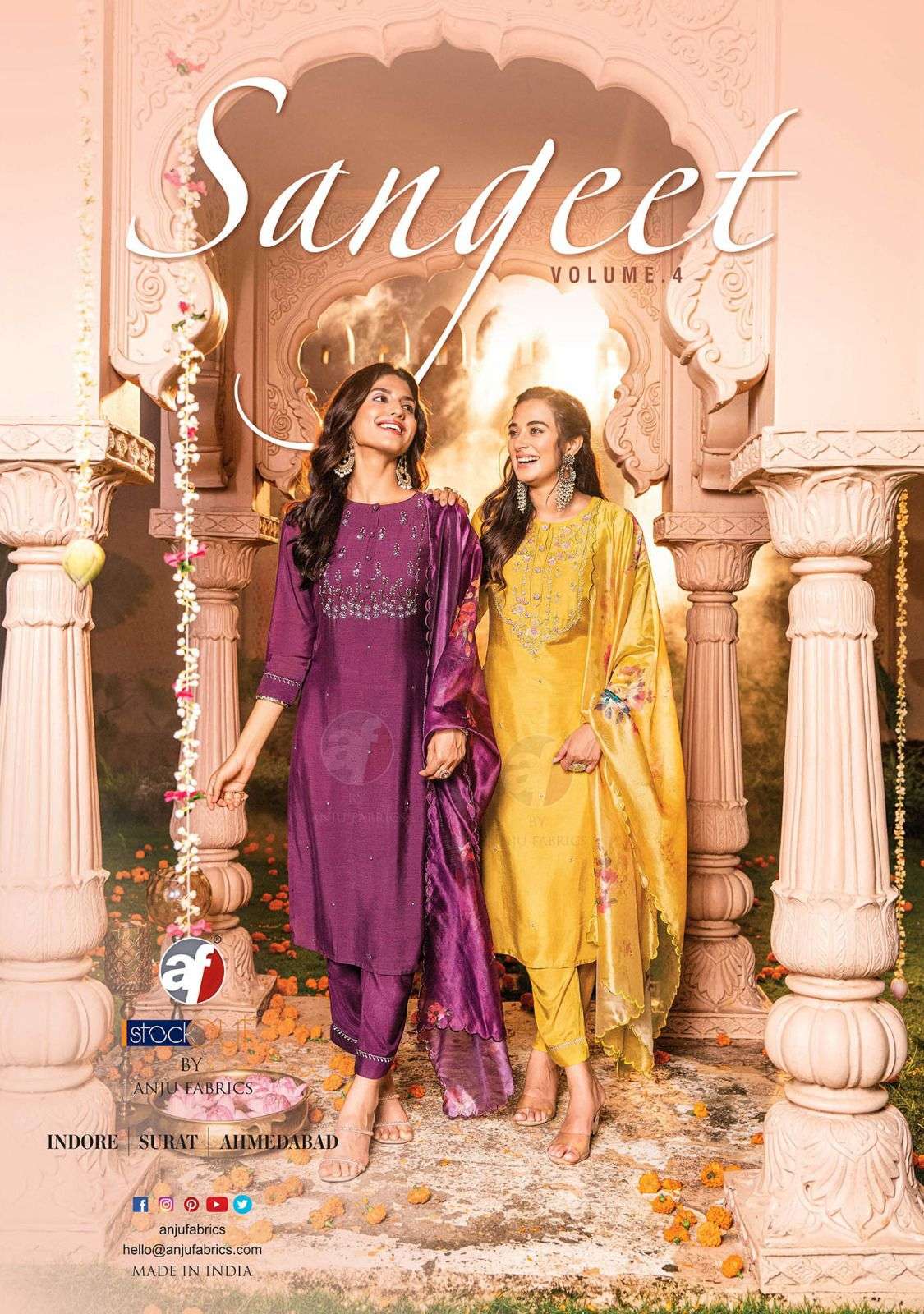 SANGEET VOL 4 PURE VISCOSE MODAL HANDWORK KURTI WITH PANT AND ORGANZA  WITH DIGITAL PRINT BY AF BRAN...