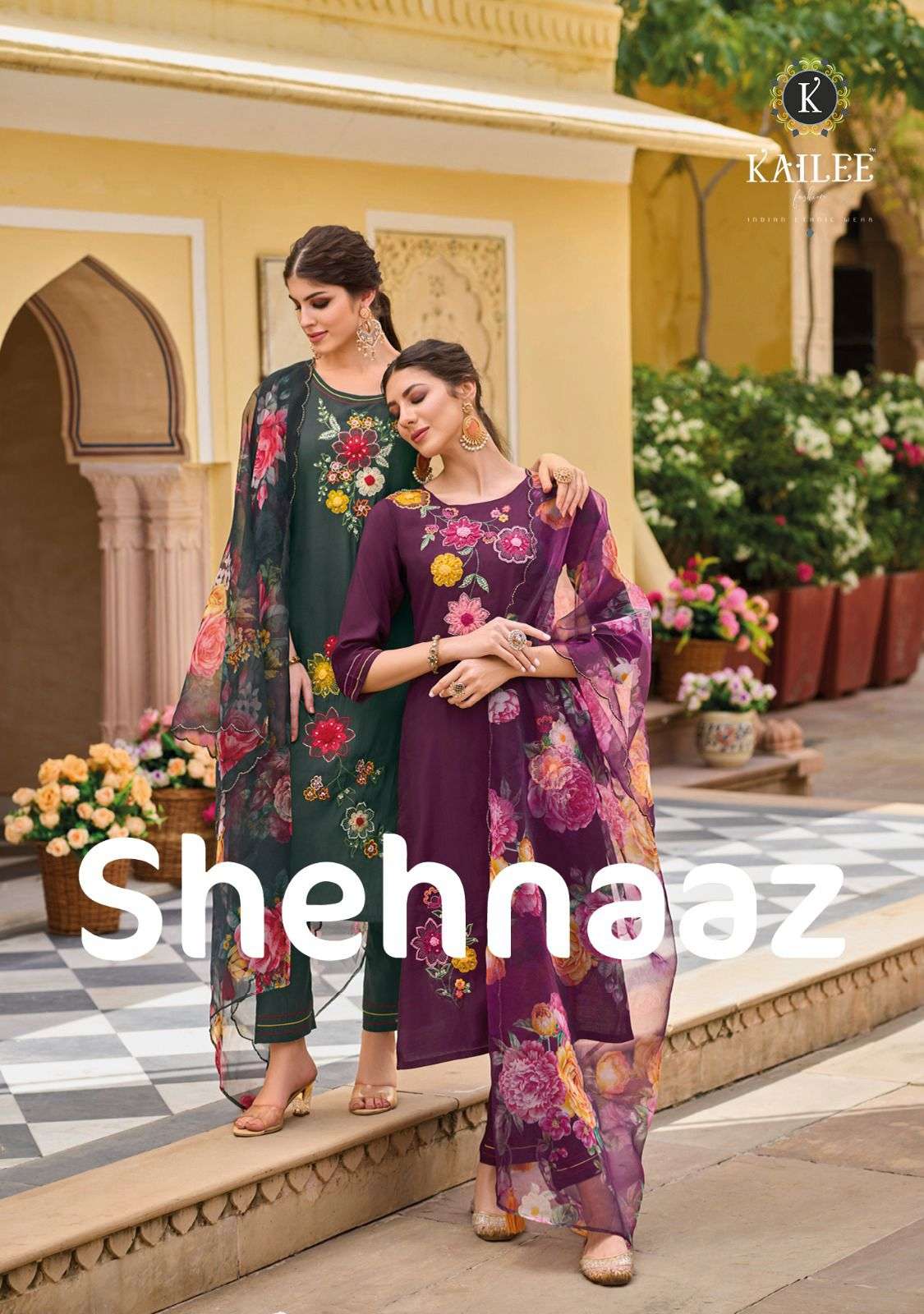 SHEHNAAZ PURE VISCOSE SILK HANDWORK KURTI WITH SILK PANT AND ORANJA DESGINER PRINTS DUPATTA BY KAILE...