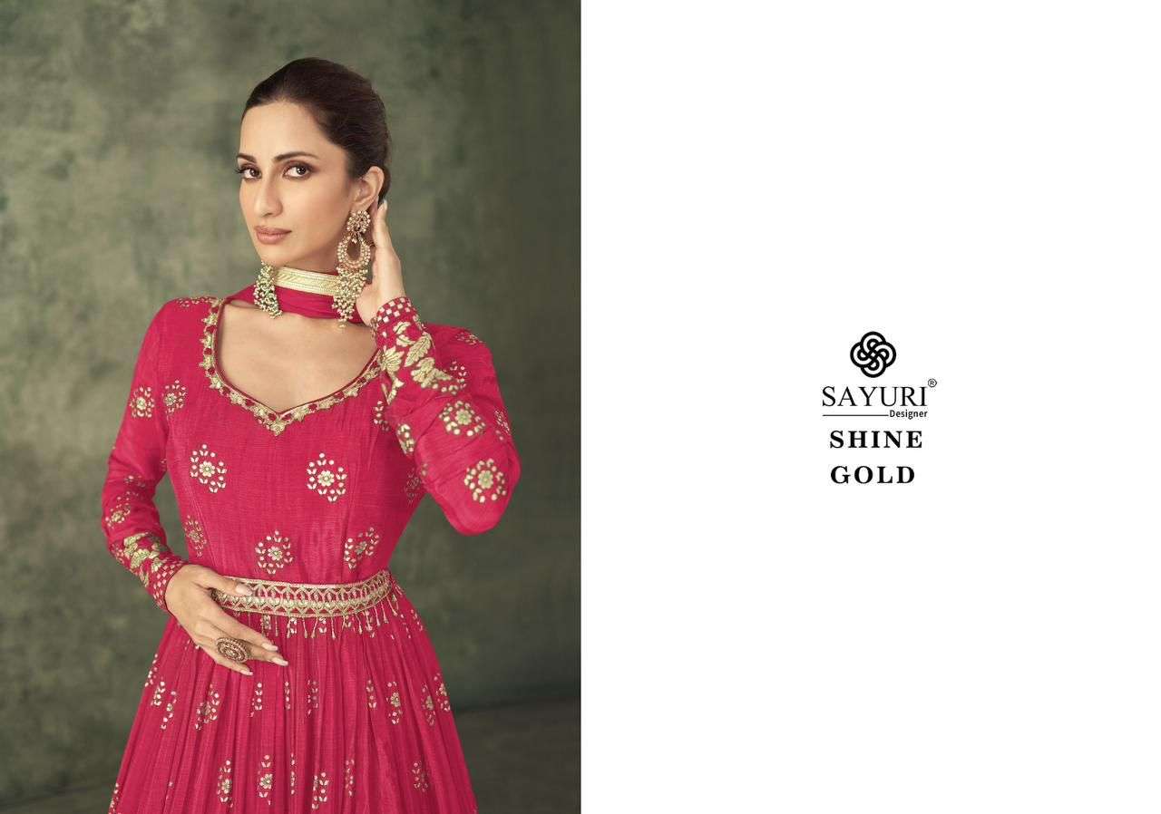 SHINE GOLD PARTY WEAR GOWN PATTERN KURTI WITH DUPATTA BY SAYURI DESIGNER BRAND WHOLESALER AND DEALER