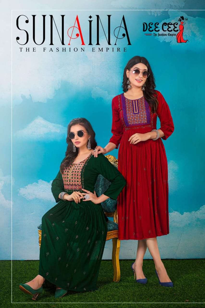 SUNAINA RAYON FULL FLARED LAYERED LONG NAIRA CUT KURTI WITH COMPUTER EMBROIDERY BY DEECEE BRAND WHOL...