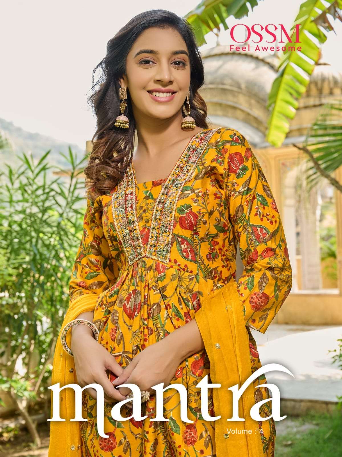 MANTRA CHANDERI MODAL FOIL PRINT EMBROIDERY AND MIRROR WORK ALIA CUT KURTI WITH PANT AND NAZNIN SEQU...