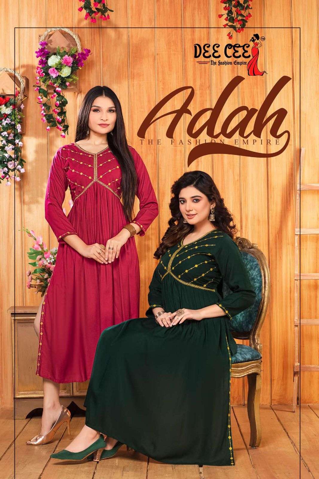 ADAH HEAVY RAYON PLAIN FLARED LONG KURTI WITH EMBROIDERY WORK BY DEECEE BRAND WHOLESALER AND DEAER