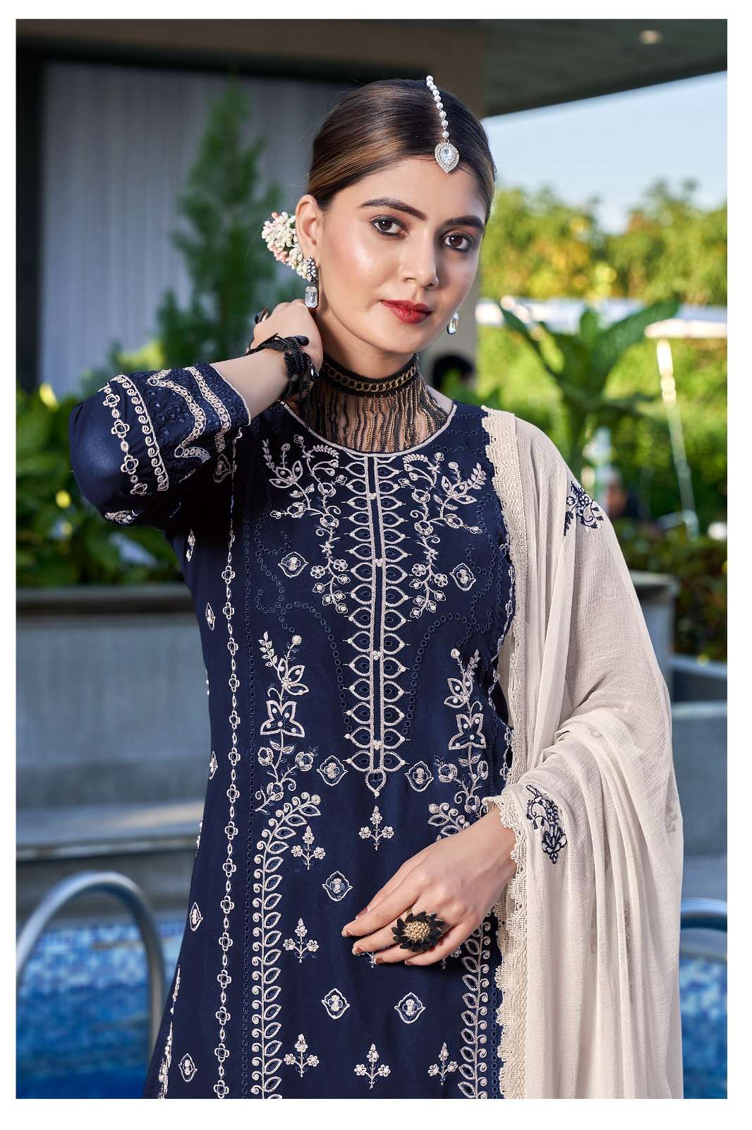 AFREEN HEAVY GEORGETTE EMBROIDERY WITH MOTI WORK KURTI WITH DULL SANTOON PANT AND NAZMIN DUPATTA BY ...