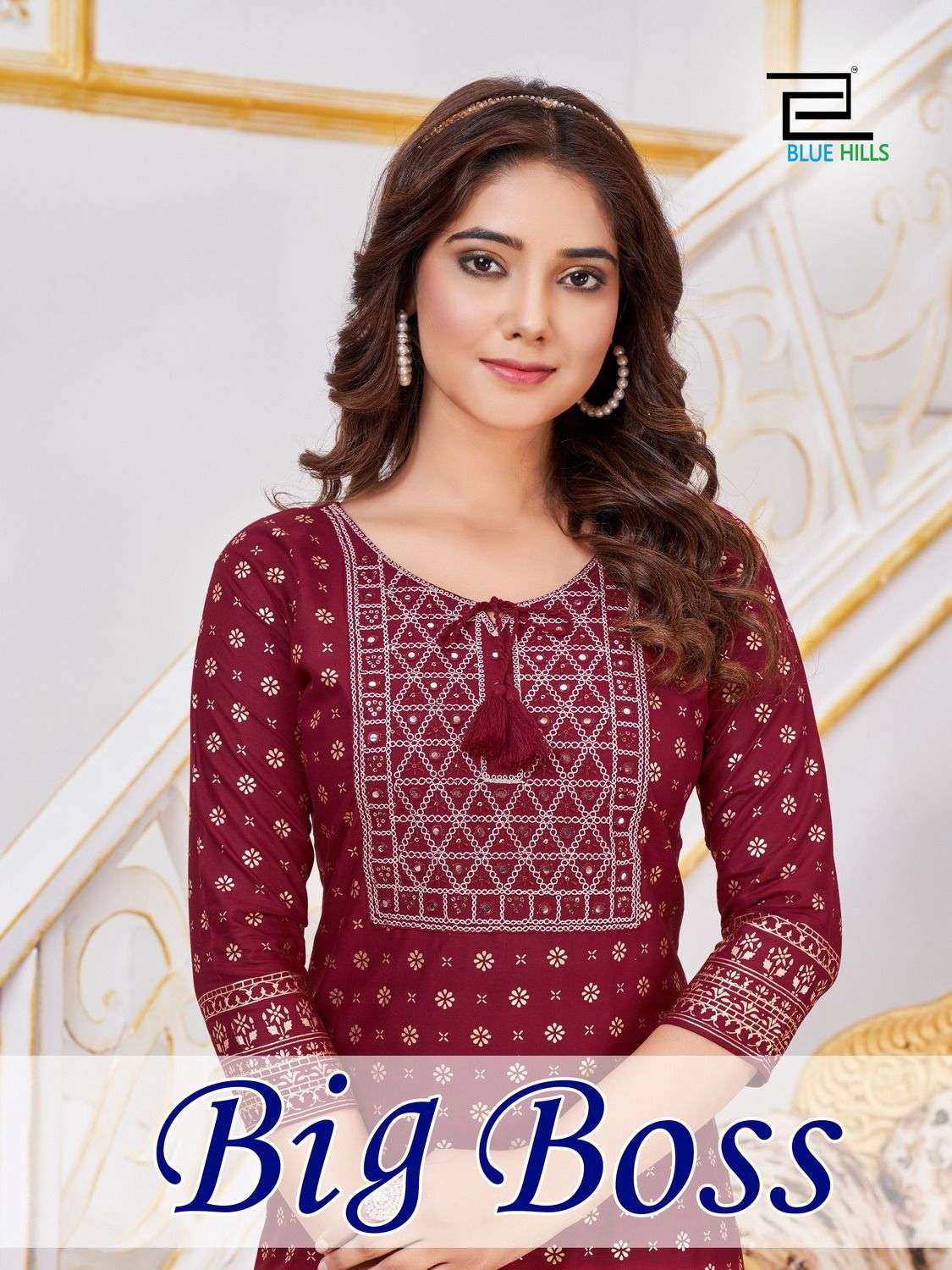 BIG BOSS RAYON 14KG FOIL PRINT DORI EMBROIDERY WITH THREAD AND SEQUENCE WORK KURTI BY BLUE HILLS BRA...