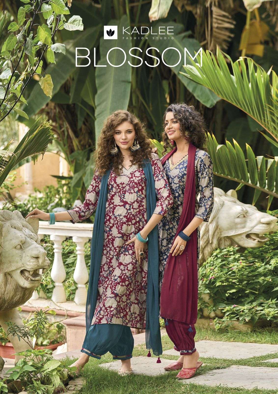 BLOSSOM MODAL PRINT EMBROIDERY AND HANDWORK KURTI WITH ROMAN SILK PANT AND NAZNEEN DUPATTA BY KADLEE...