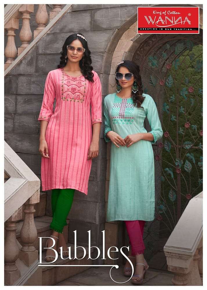 BUBBLES FINEST QUALITY OF LUXURY VISCOSE RAYON STRIPES EMBROIDERY WORK KURTI BY WANNA BRAND WHOLESAL...