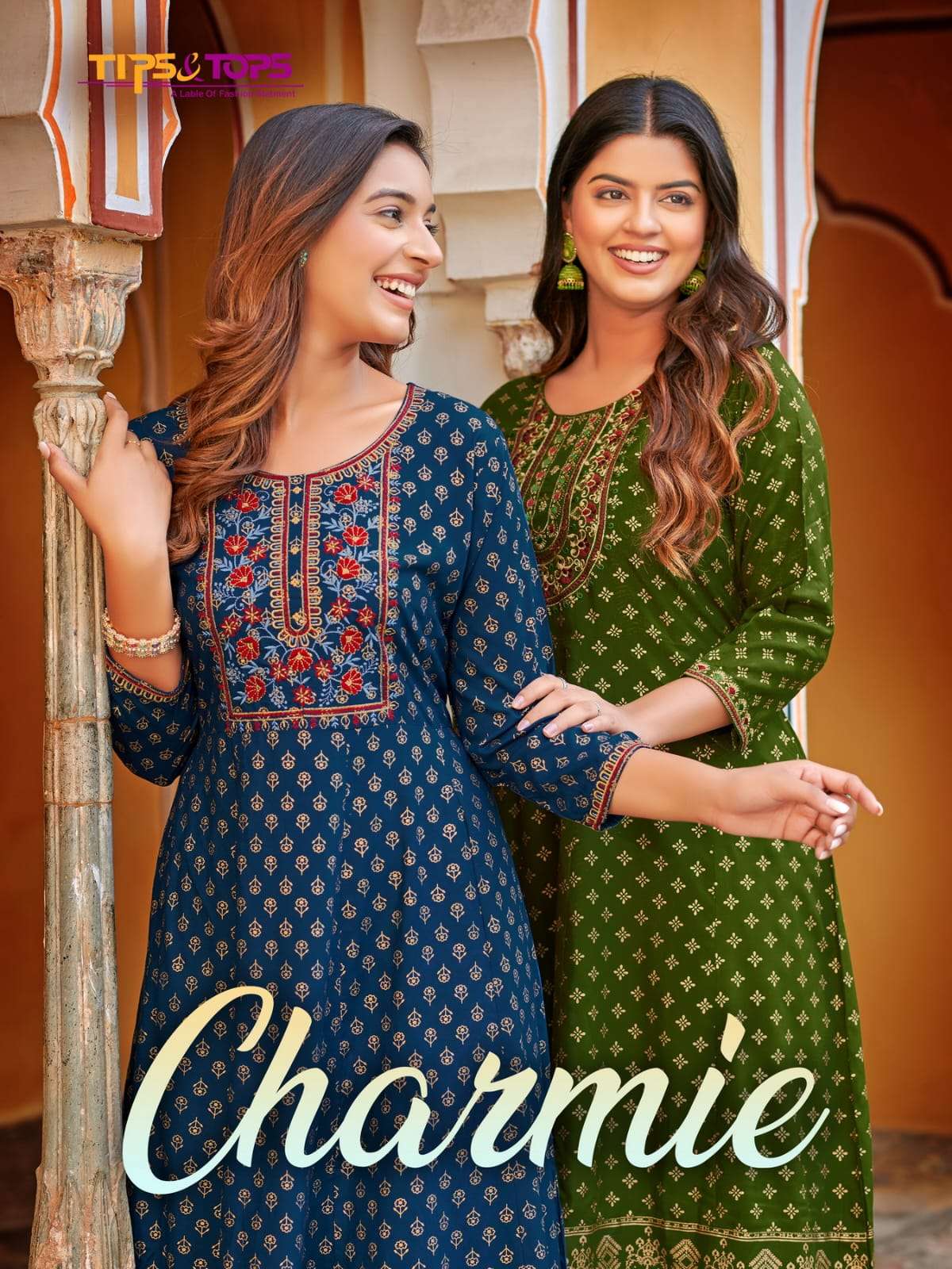 CHARMIE HEAVY 16KG REYON SLUB FOIL PRINT EMBROIDERY WORK FULL FLAIR KURTI BY TIPS AND TOPS BRAND WHO...