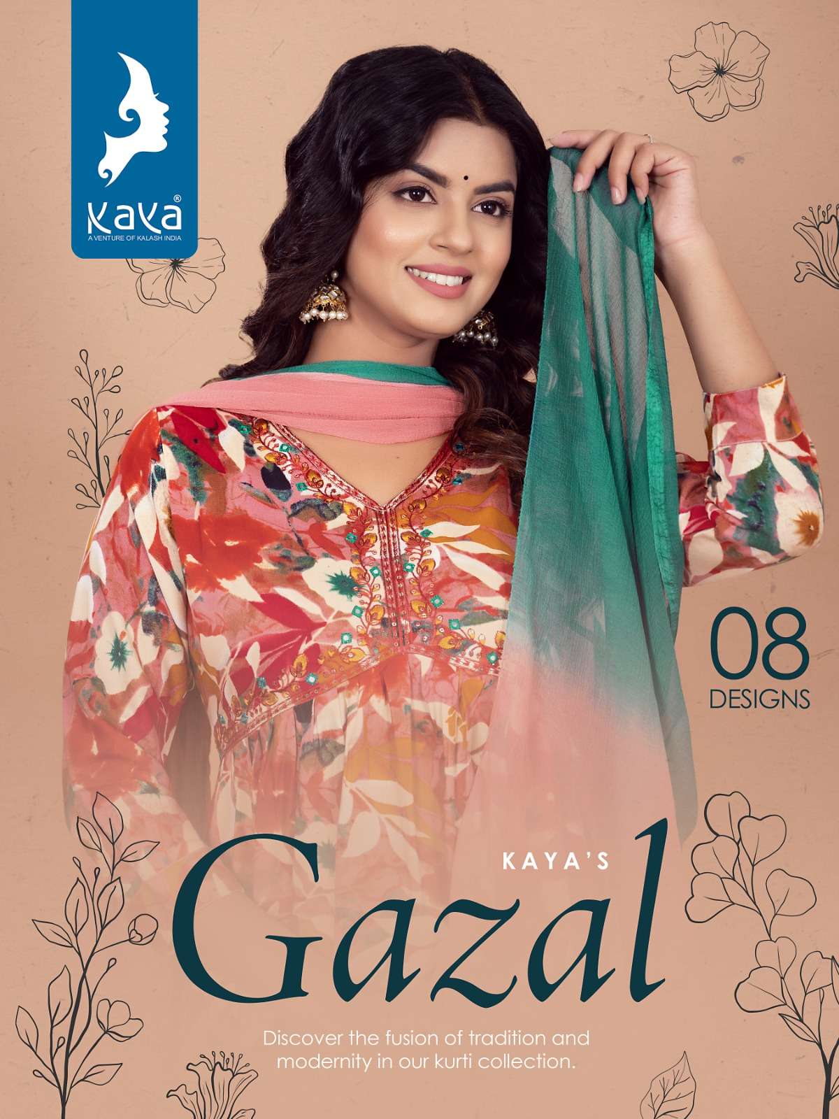 GAZAL REYON FOIL PRINT EMBROIDERY WORK ALIA CUT KURTI WITH PANT AND NAZNEEN DUPATTA BY KAYA KURTI BR...