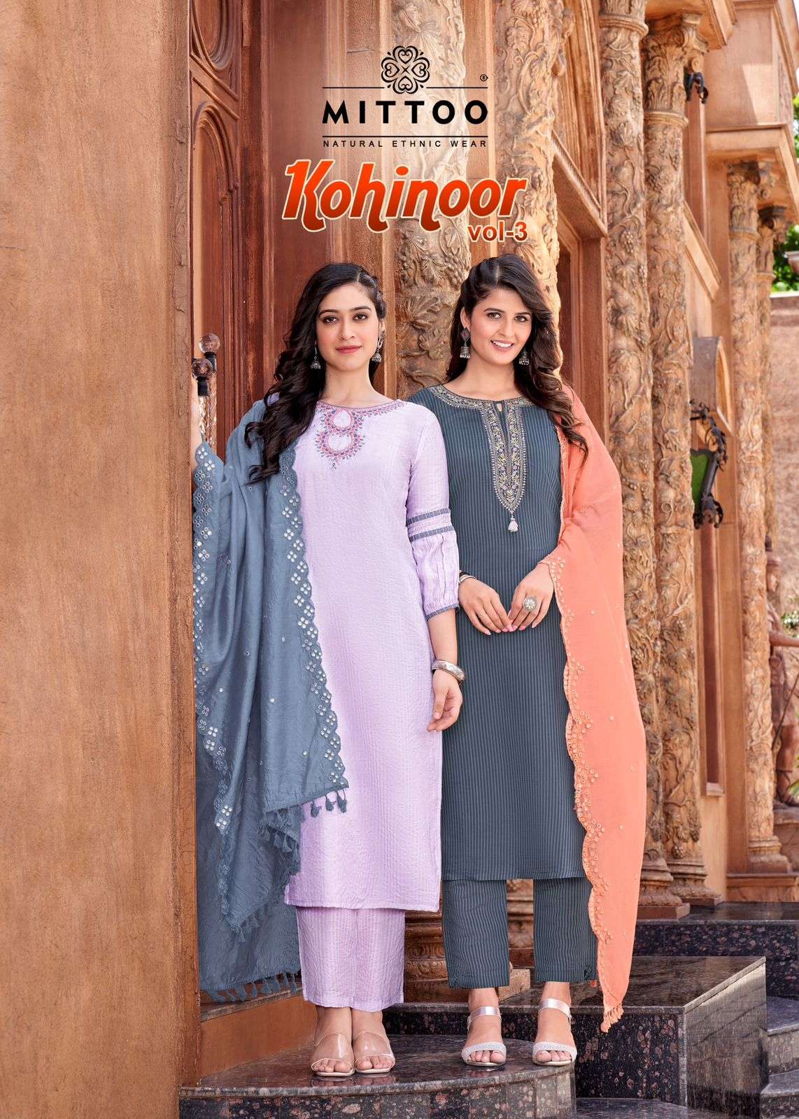  KOHINOOR VOL 3 VISCOSE SILK EMBROIDERY AND HANDWORKKURTI WITH PANT AND CHANDERI DUPATTA BY MITTOO B...