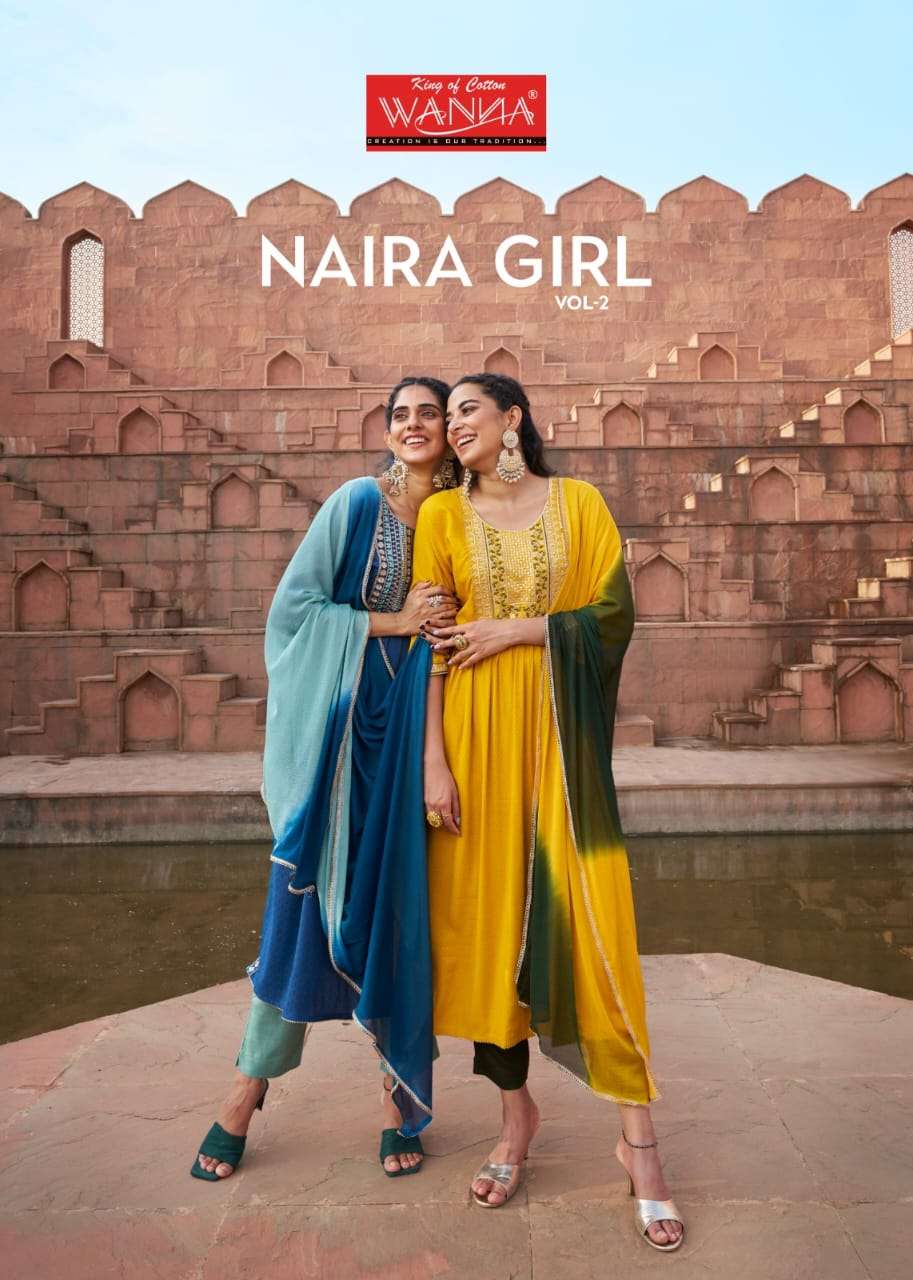 NAIRA GIRL HEAVY NYLON VISCOSE RAYON EMBROIDERY WORK NAYRA CUT KURTI WITH PANT AND ZARRI WORK DUPATT...