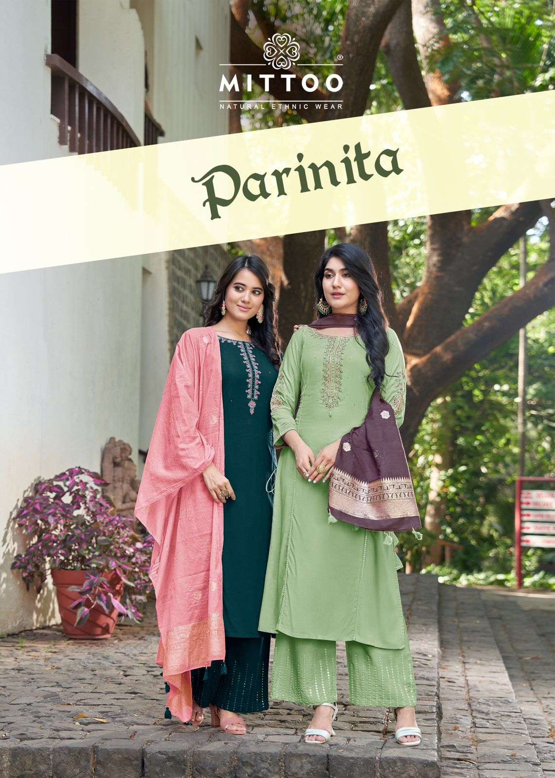 PARINITA HEAVY RAYON EMBROIDERY AND HANDWORK KURTI WITH PLAZZO AND MASLIN JEQUARD DUPATTA BY MITTOO ...