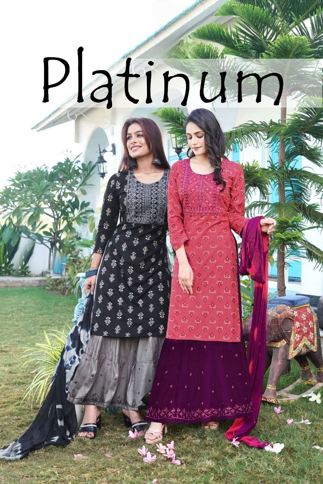 PLATINUM VOL 2 HEAVY SCREEN PRINT REYON EMBROIDERY TABLA WORK KURTI WITH SKIRT AND NAZNEEN DUPATTA B...