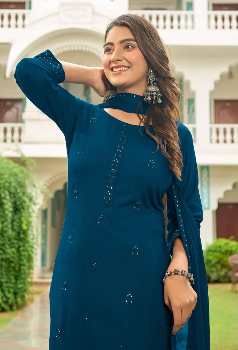 RUHI RAYON FANCY WORK KURTI WITH PANT AND DUPATTA BY RANGMAYA BRAND WHOLESALER AND DEALER