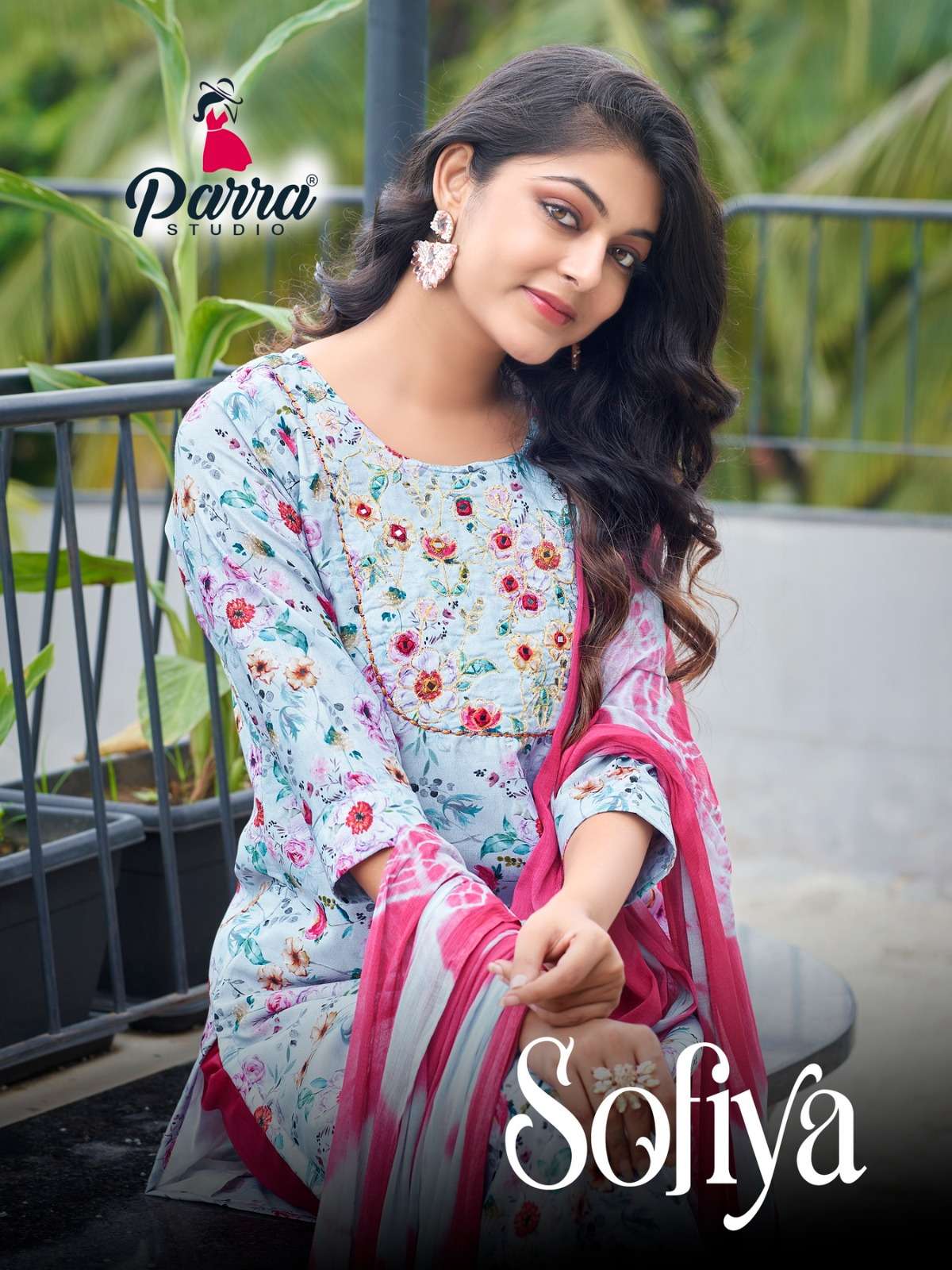 SOFIYA MASLIN DIGITAL PRINT MIRROR WORK KURTI WITH SILK AFGHANI AND NAZMIN SEBURI DUPATTA BY PARRA S...