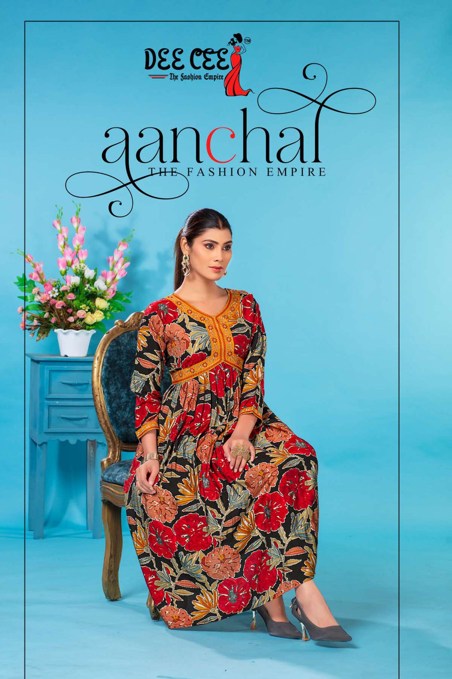 AANCHAL HEAVY CHANDERI PRINT FLAIRED LONG ALIA STYLE KURTI WITH COMPUTER SEQUENCE EMBROIDERY WORK BY...