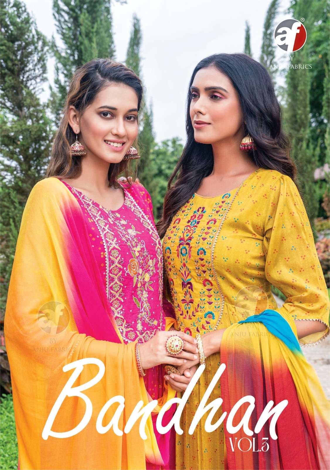 BANDHAN VOL 3 PURE CHINON CHIFFON EMBROIDERY WORK KURTI WITH SILK PANT AND NAZMIN LEHERIYA DUPATTA B...