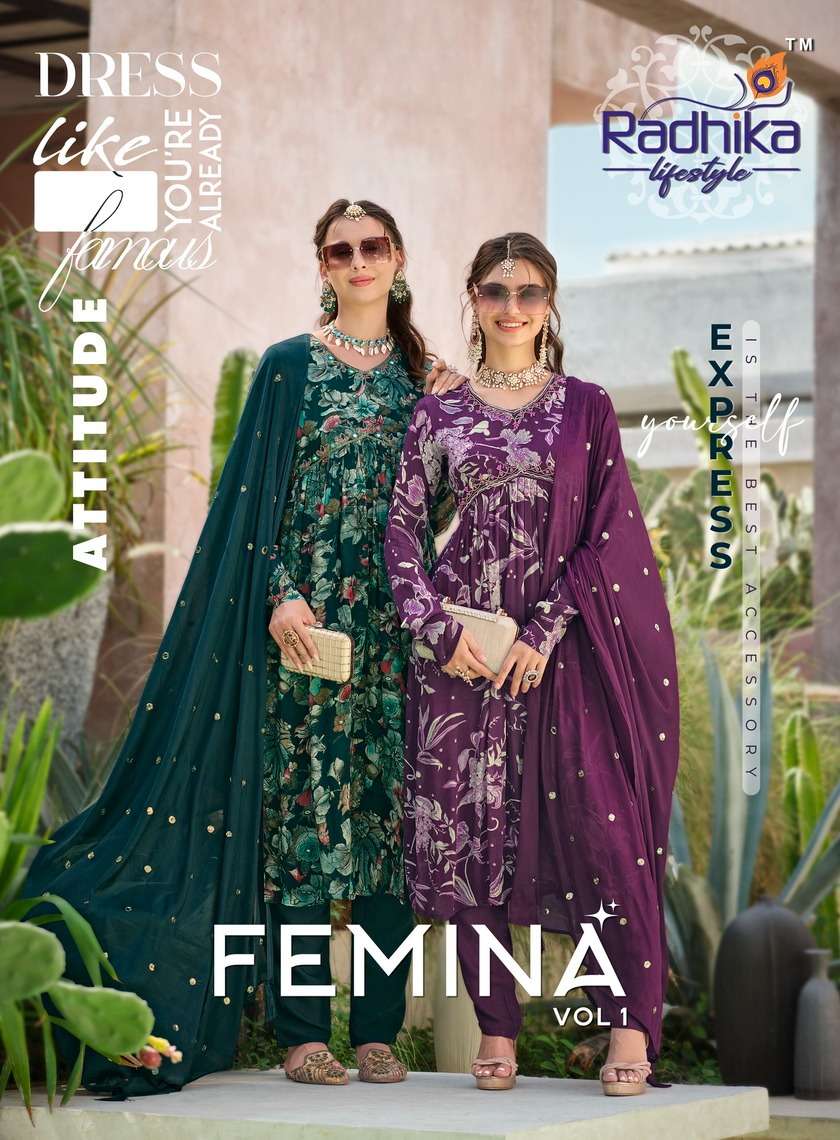 FEMINA HEAVY CHINON PRINT HANDWORK KURTI WITH SANTOON PANT AND CHINON SEQUENCE DUPPTTA BY RADHIKA LI...