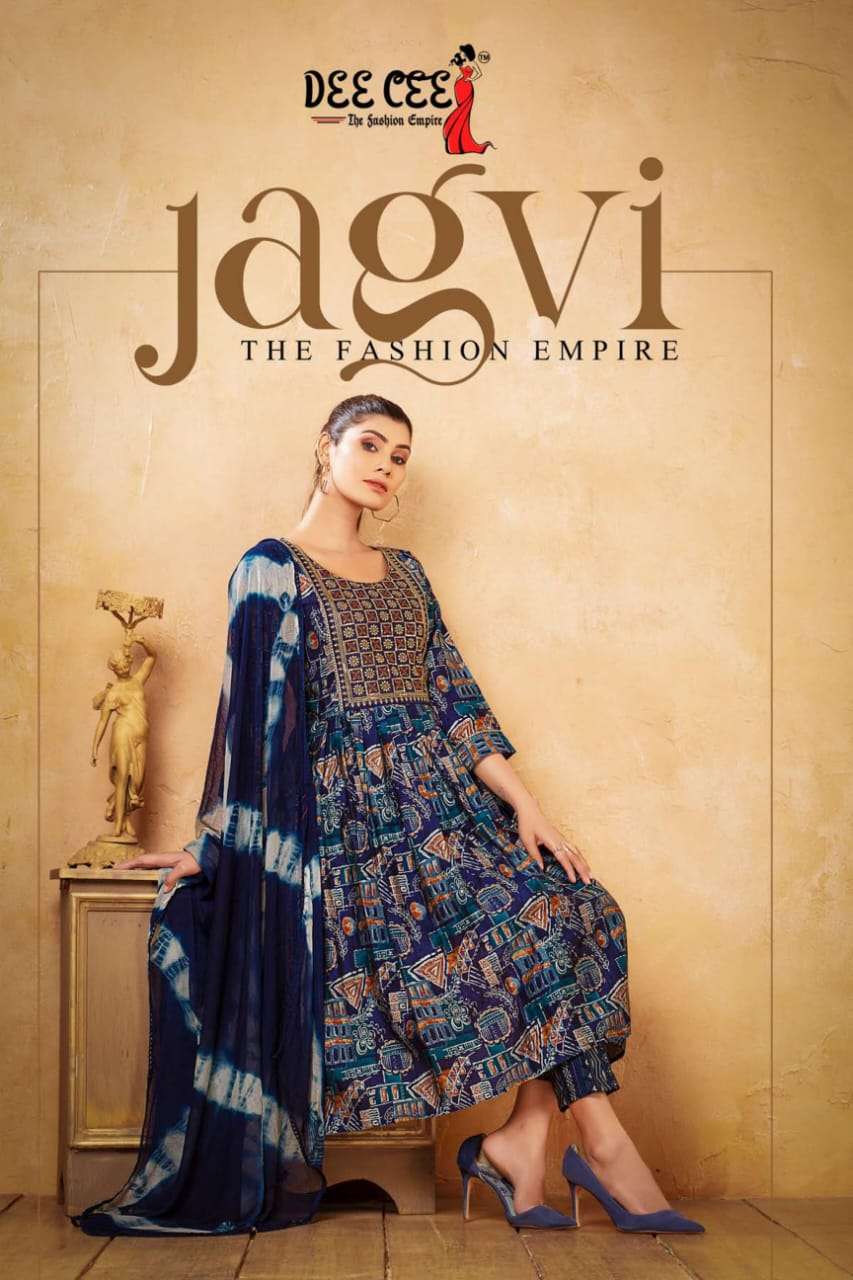 JAGVI HEAVY CHANDERI PRINT COMPUTER EMBROIDERY WORK KURTI WITH PANT AND NAZNIN BATIK DUPATTA BY DEEC...