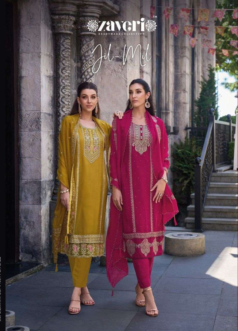 JIL MIL SOFT ORGANZA EMBROIDERY WORK KURTI WITH HEAVY SILK PANT AND DUPATTA BY ZAVERI BRAND WHOLESAL...