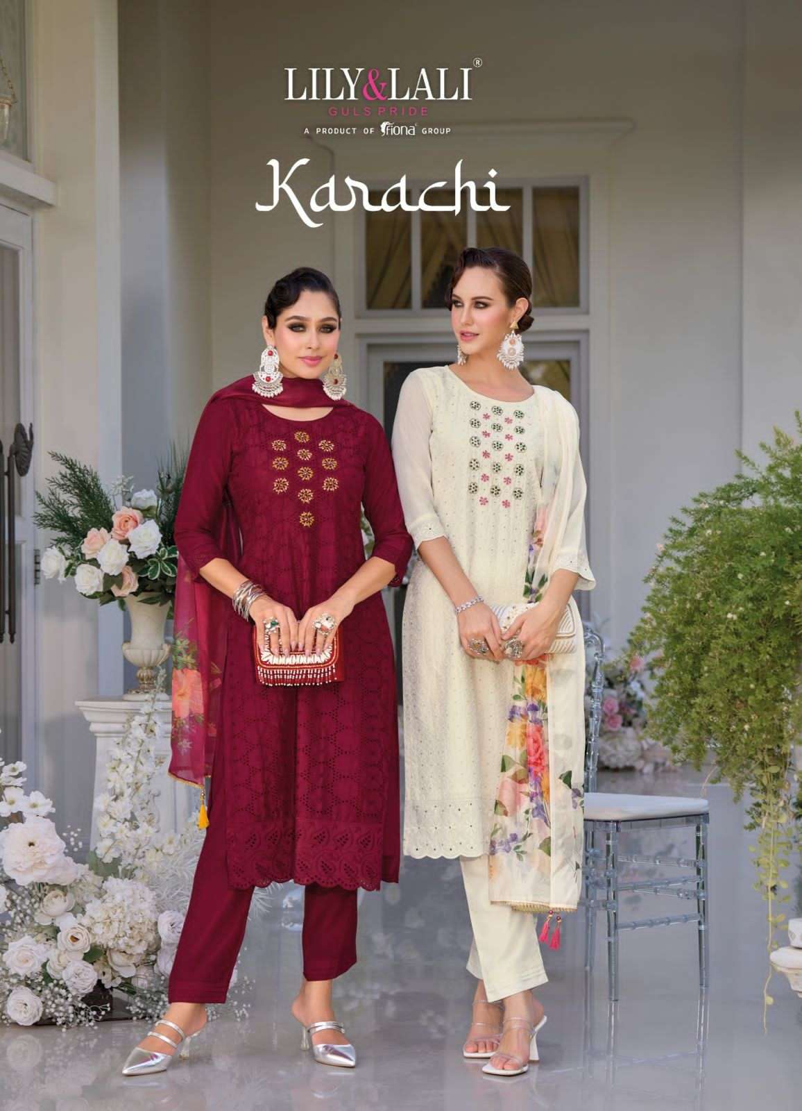 KARACHI MASLIN SILK SCHIFFLI AND HANDWORK KURTI WITH VISCOSE PANT AND ORGANZA DUPATTA BY LILY AND LA...